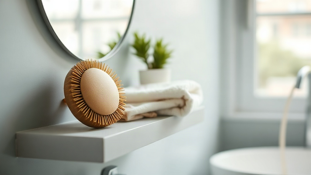 Heller Badezimmer-Waschtisch mit Holzbürste, Handtuch und Pflanze auf einem Regal